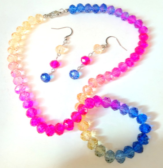 Conjunto Colar e Brincos Cristal Facetado Colorido Aço Inox