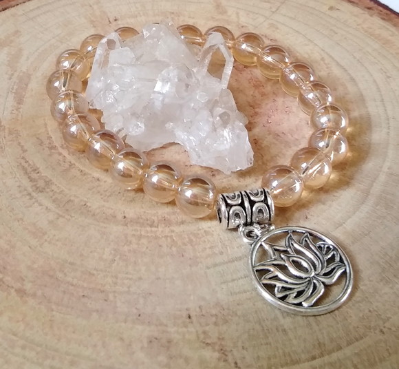 Pulseira Japamala 21 Contas Murano Ambar e Flor de Lótus