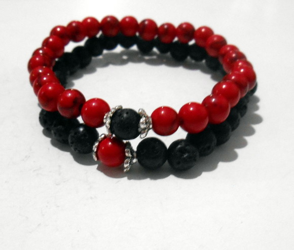 Pulseira Japamala 27 Contas Howlita Vermelha Lava Kit com 2