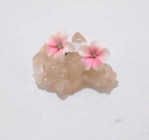 Brinco Flor Branca e Rosa, Strass e Aço Inox