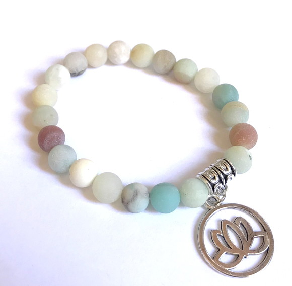 Pulseira Japamala Amazonita Fosca 21 Contas e Flor de Lotus