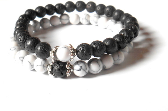 Pulseira Japamala 27 contas Howlita branca e lava kit com 2