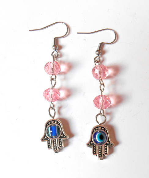 Brinco Cristal rosa facetado com mão de fatima e olho grego