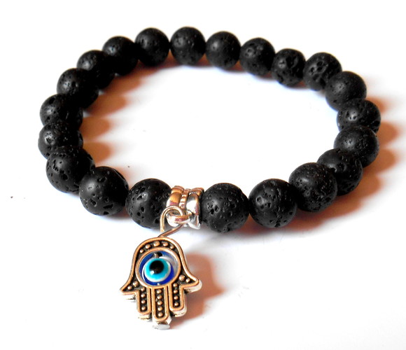 Pulseira Ajustável Lava Vulcânica Mão de Fátima e Olho Grego