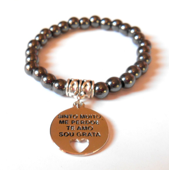 Pulseira Japamala com Hematitas e Pingente Hooponopono
