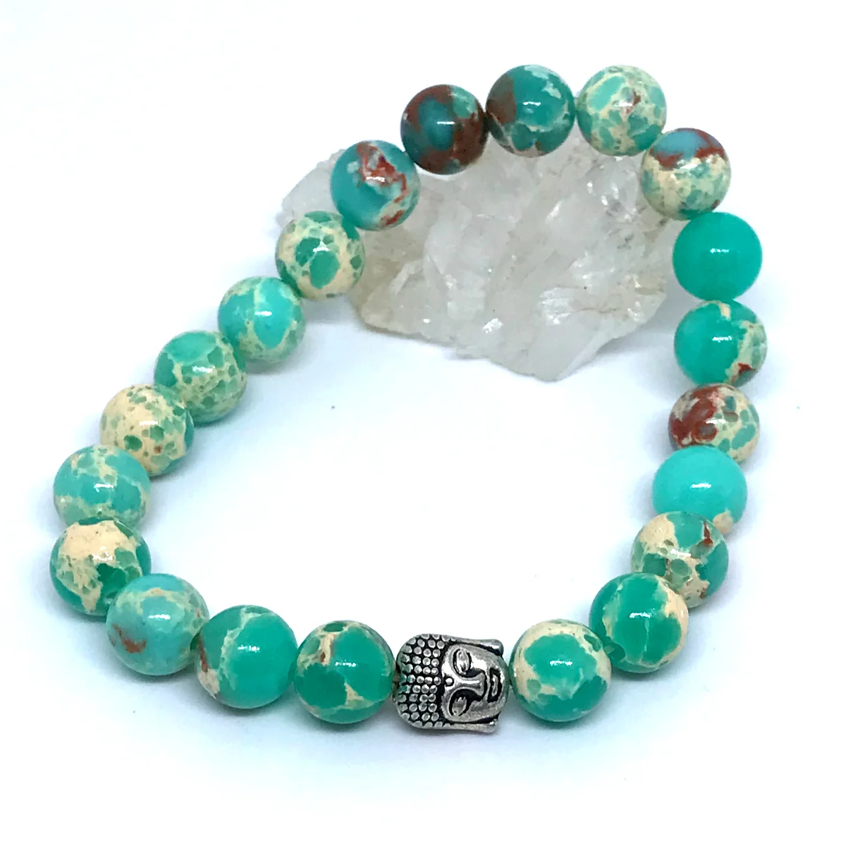 Pulseira em Pedras Jaspe Imperial Verde Agua e Buda prateaddo - Imagem 3