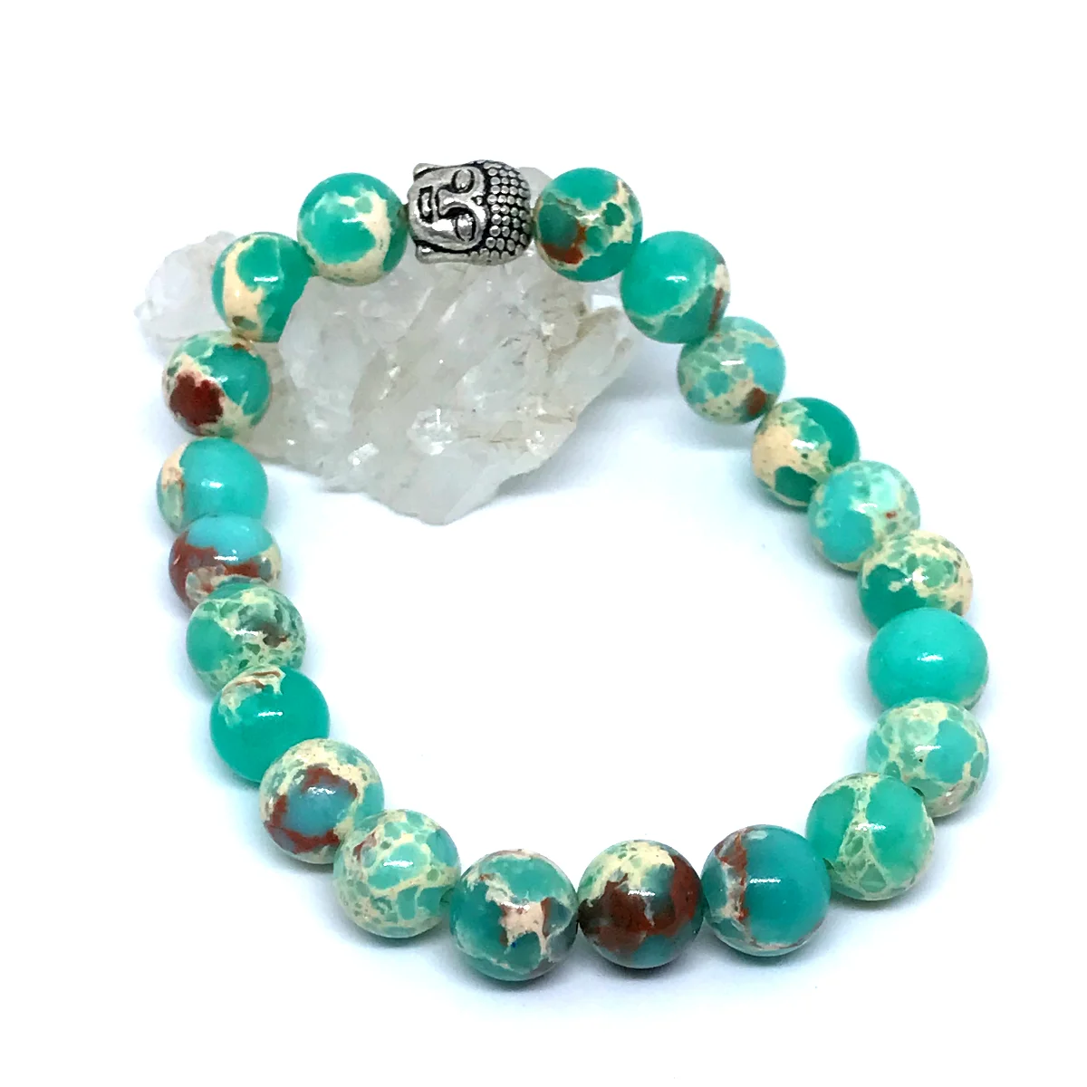 Pulseira em Pedras Jaspe Imperial Verde Agua e Buda prateaddo - Imagem 4
