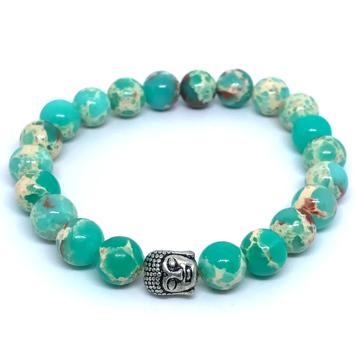 Pulseira em Pedras Jaspe Imperial Verde Agua e Buda prateaddo - Imagem 2