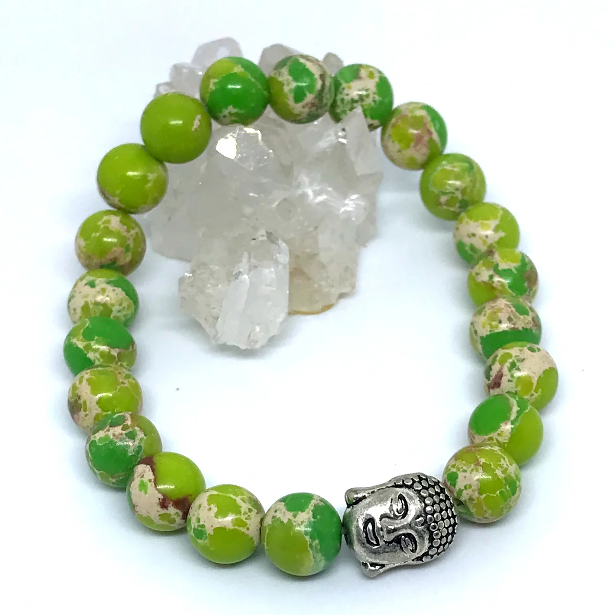 Pulseira em Pedras jaspe imperial verde 21 com entremeio Buda prateado - Imagem 4