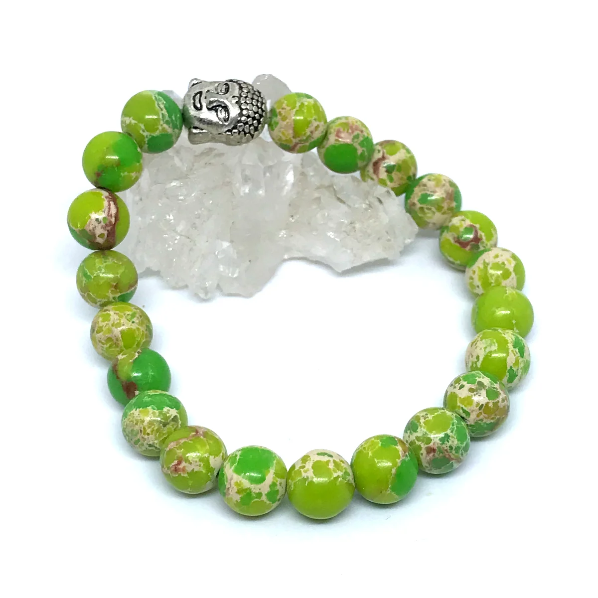 Pulseira em Pedras jaspe imperial verde 21 com entremeio Buda prateado - Imagem 2