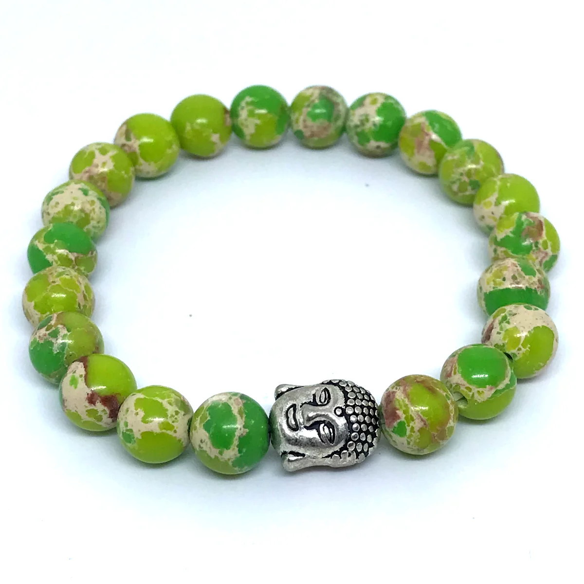 Pulseira em Pedras jaspe imperial verde 21 com entremeio Buda prateado - Imagem 3