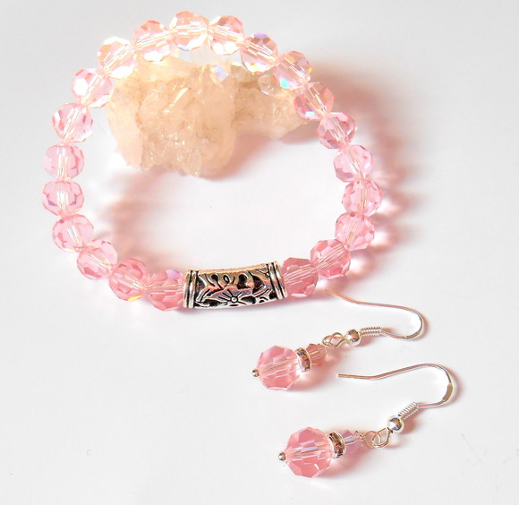 Conjunto com Pulseira e Brincos Cristal Rosa Facetado