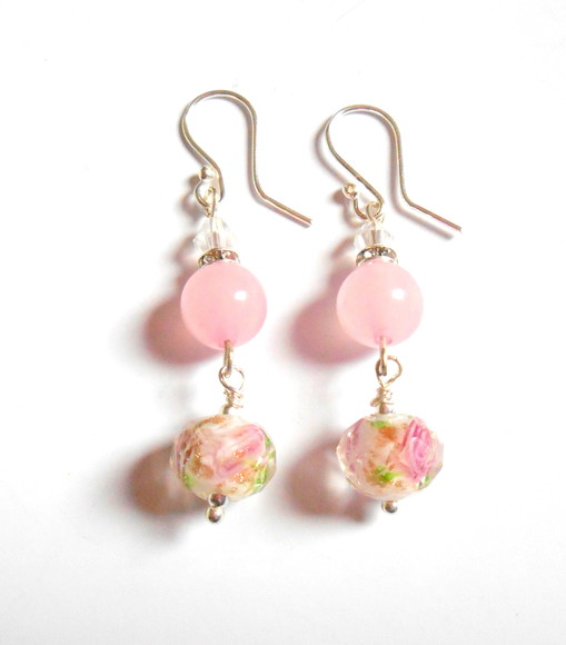 Brinco Quartzo Rosa , Cristais e Prata 925