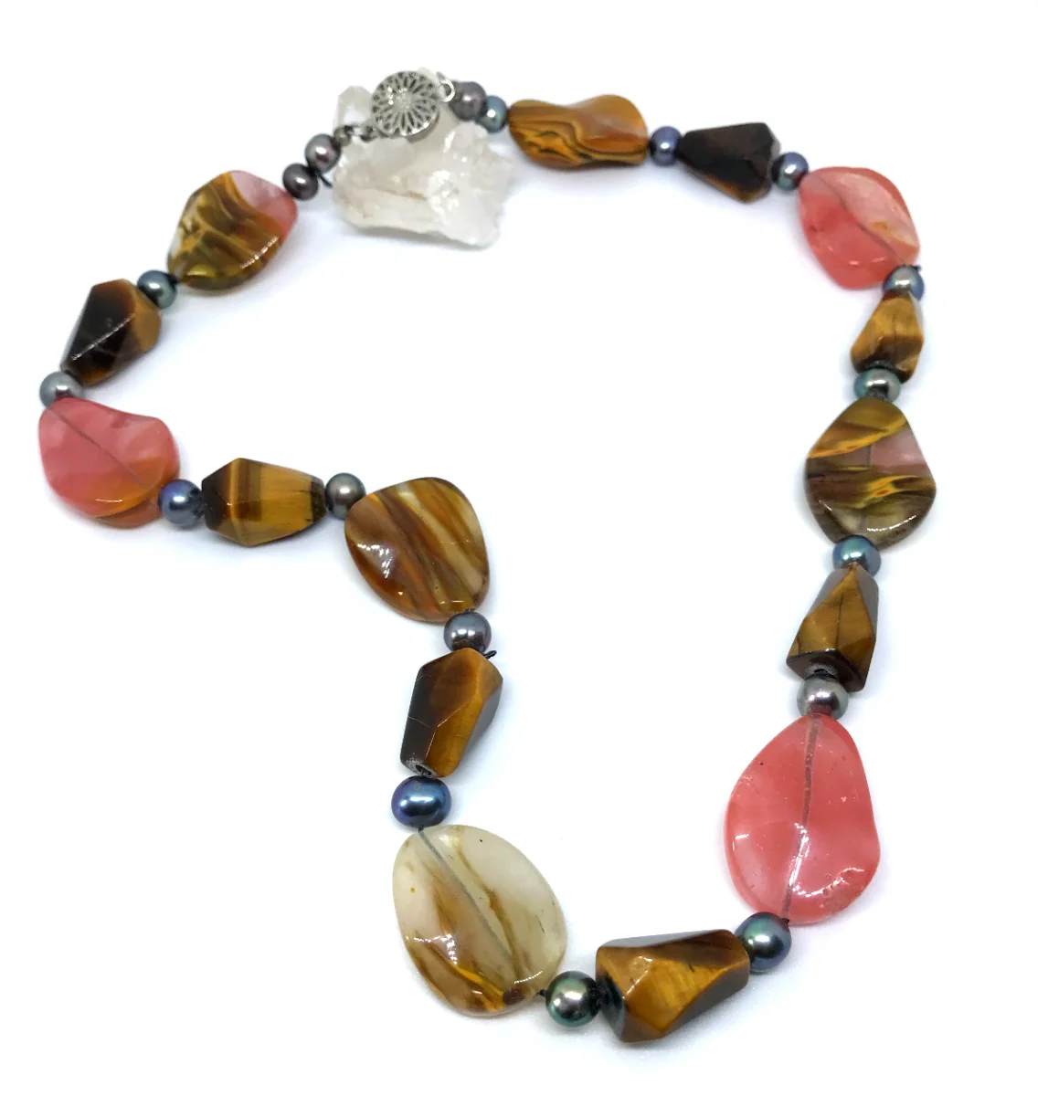 Colar Cristal Cherry, Olho de Tigre e Perolas Escuras - Imagem 1