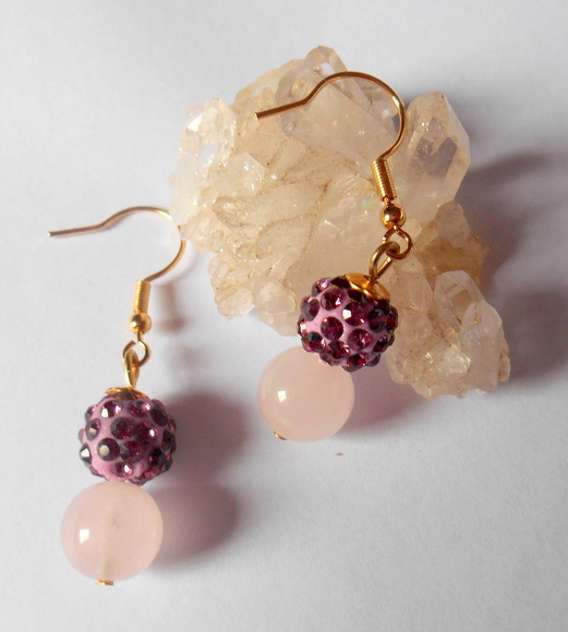 Brinco Quartzo Rosa e Shamballa Lilas