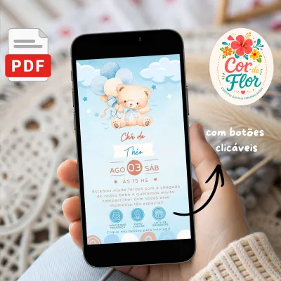 Convite Digital Interativo Chá de Bebê Menino Tema Ursinho Balões Azul
