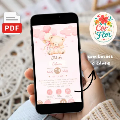 Convite chá de bebê ou chá de fraldas tema ursinha rosa com balões e botões clicáveis