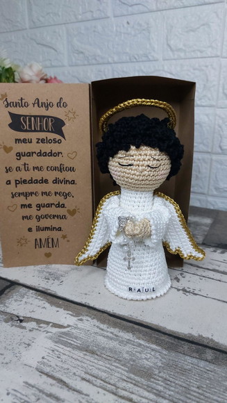 Anjo da Guarda Amigurumi com Nome Bordado e Caixa 18 cm