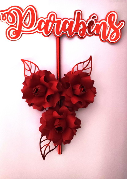 Topo de Bolo Parabéns com Flores Vermelha