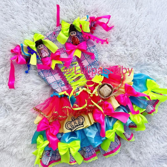 Vestido Junino, Vestido Caipira Infantil Neon