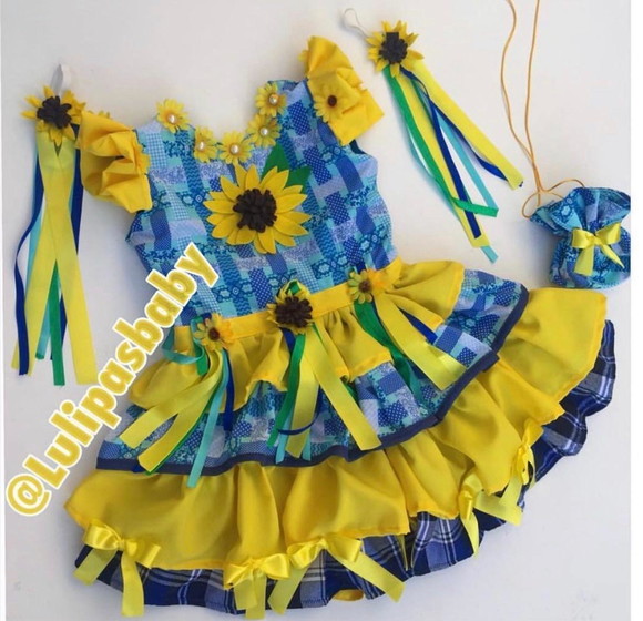 Vestido junino, vestido girassol caipira infantil