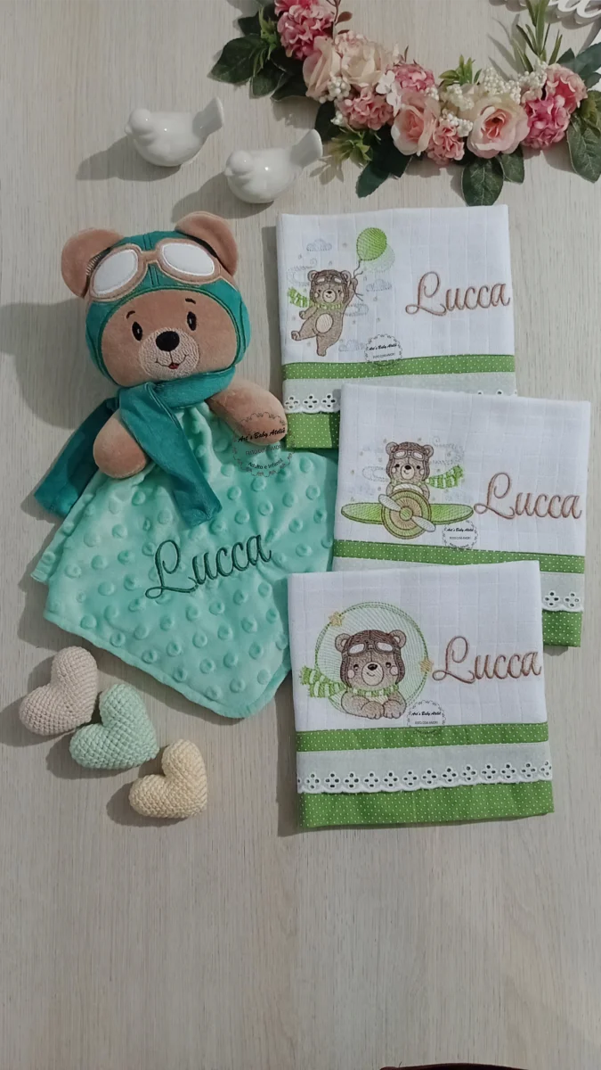 Trio fraldinhas de boca + naninha personalizadas