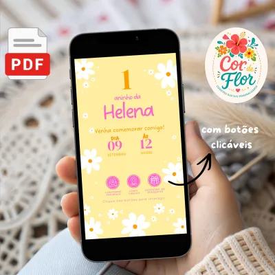 Convite Digital Interativo 1 Aninho Tema Margaridas Daisy Menina Amarelo