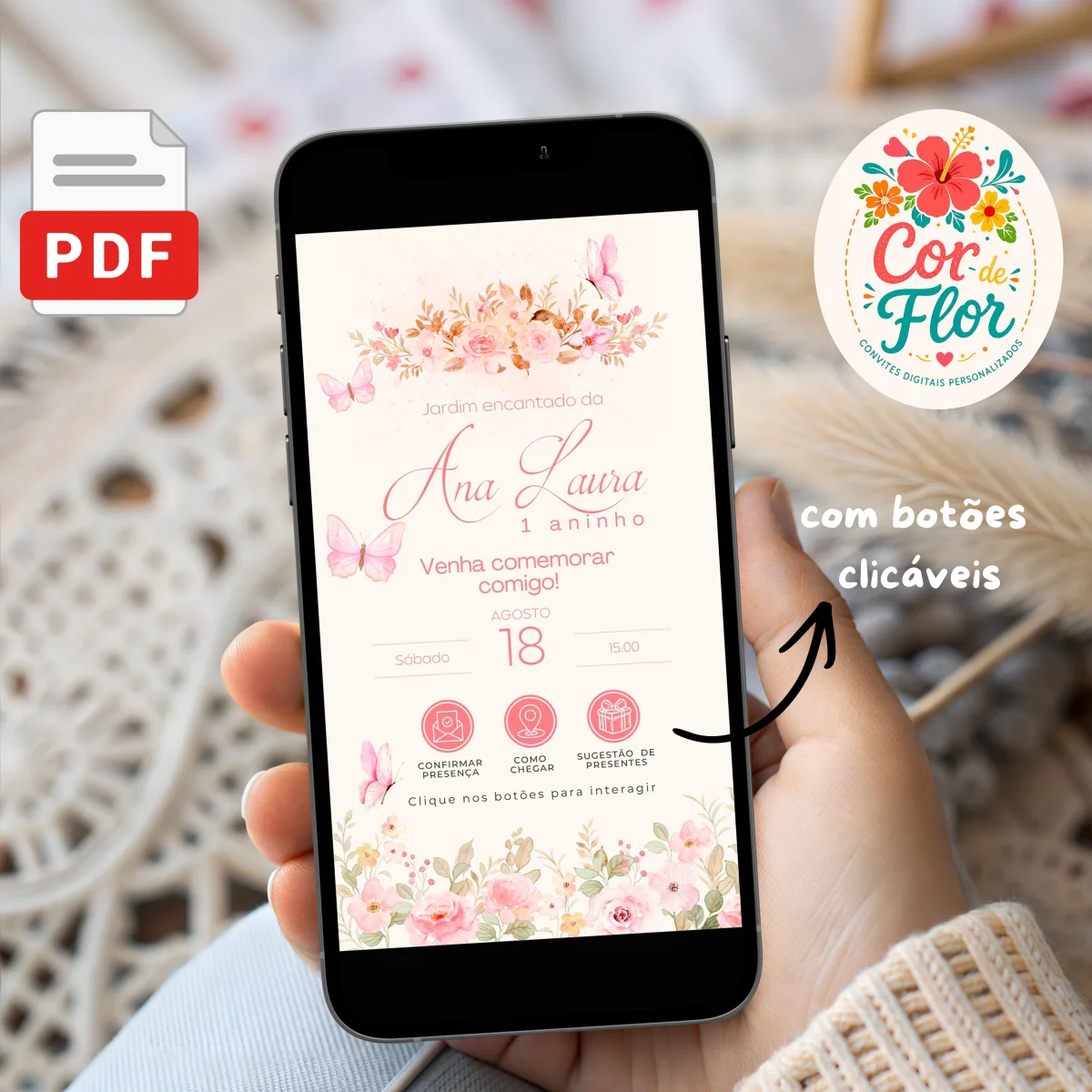 Convite Digital Interativo 1 Aninho Tema Jardim Encantado Flores e Borboletas Menina