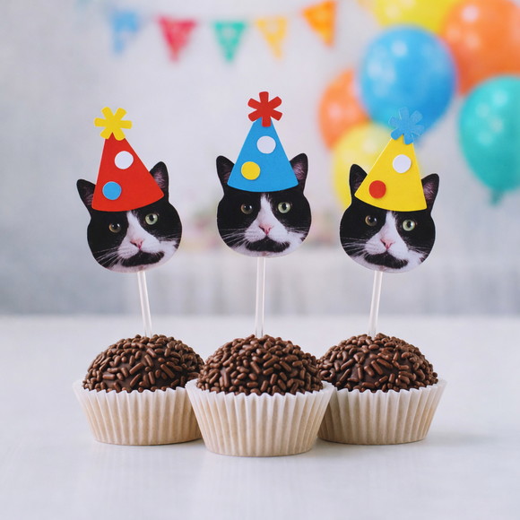 Topper Rostinho Pet com Chapéu de festa - Gatinhos (12 Unidades)
