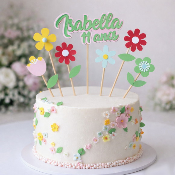 Topo de Bolo personalizado Flores Coloridas - Imagem 2
