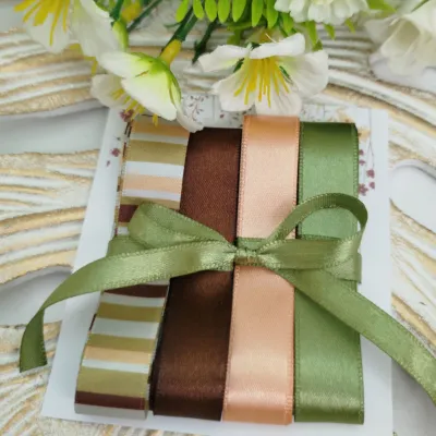 Kit de Fitas Cetim Listrado, Marrom, Coral e Verde Musgo — Tons Outonais
