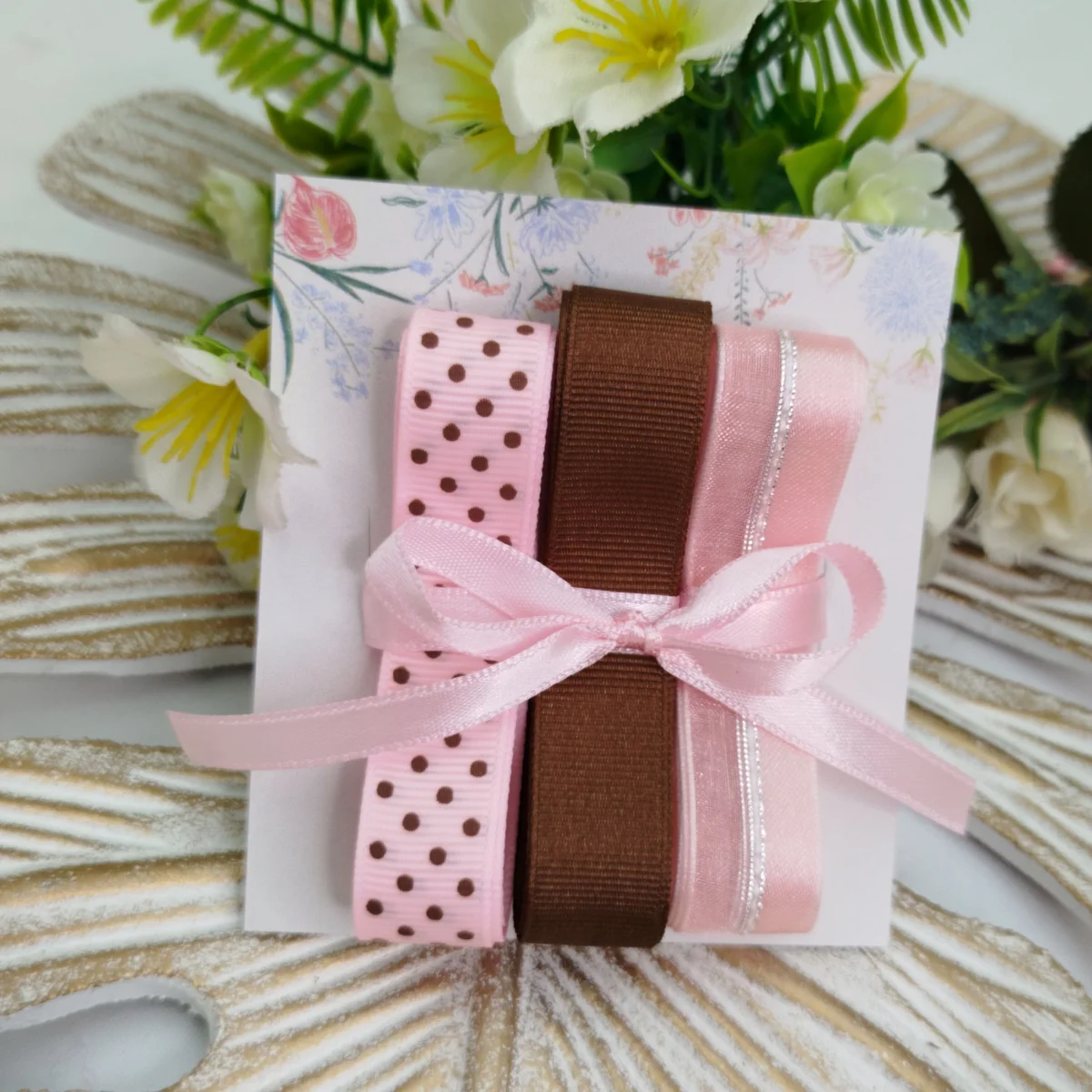 Kit de Fitas Poá Rosa e Marrom — Gorgurão Bolinhas, Liso e Voil com Cetim - Imagem 5