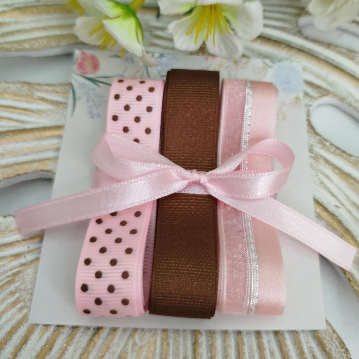Kit de Fitas Poá Rosa e Marrom — Gorgurão Bolinhas, Liso e Voil com Cetim
