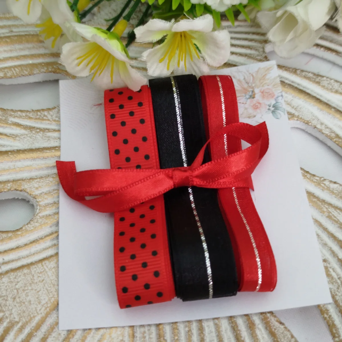 Kit de Fitas Vermelho, Preto e Prata — Poá Joaninha, Cetim com Voil