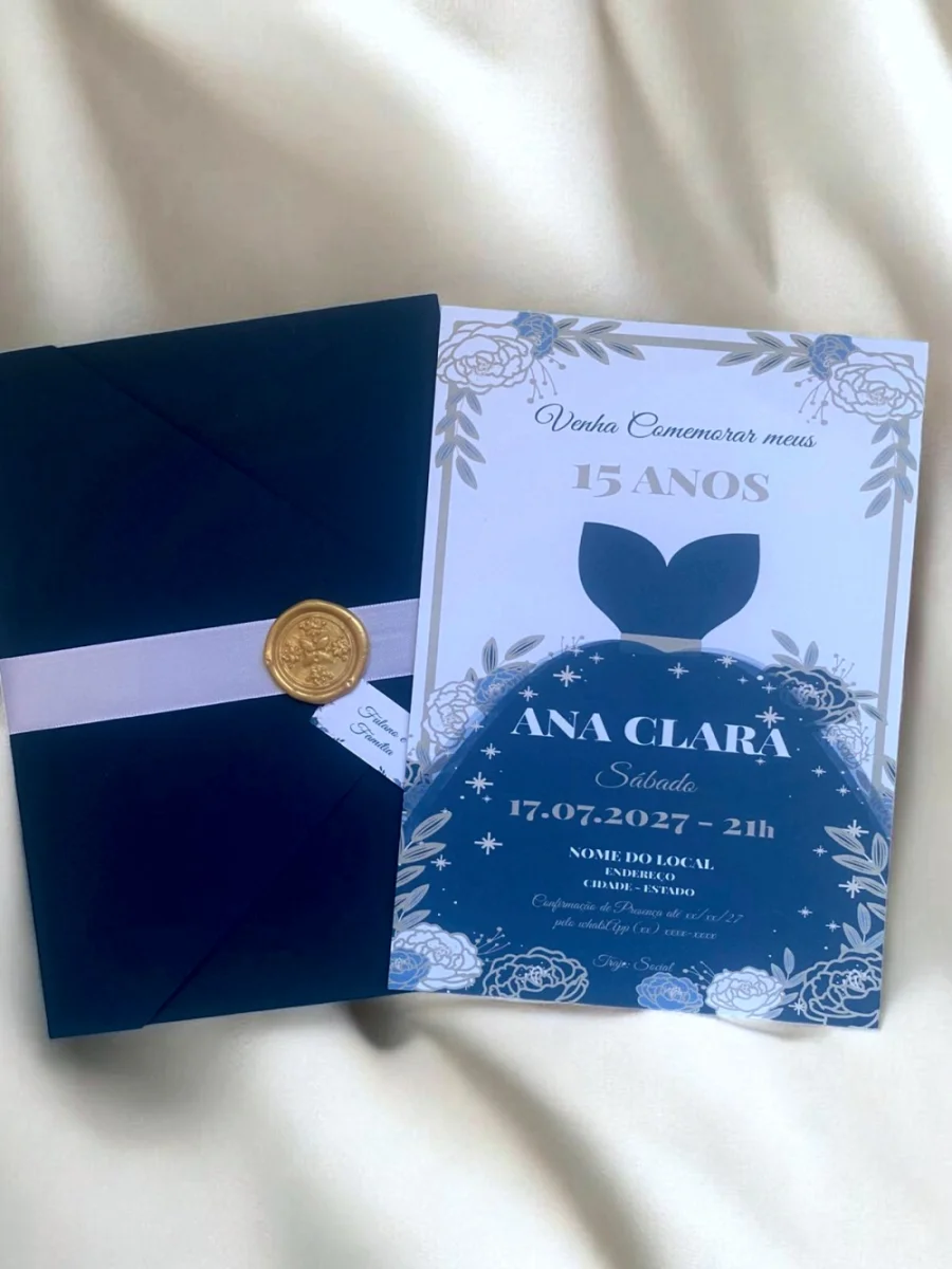 Convite 15 Anos Vestido Debutante Azul Marinho com Lacre de Cera - Imagem 2