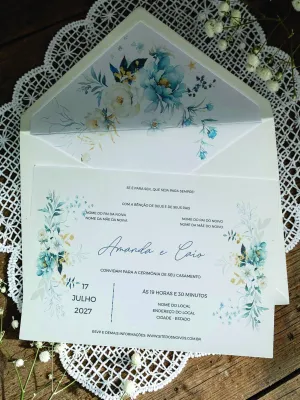 Convite de Casamento Azul Serenity e Dourado com Envelope Forrado