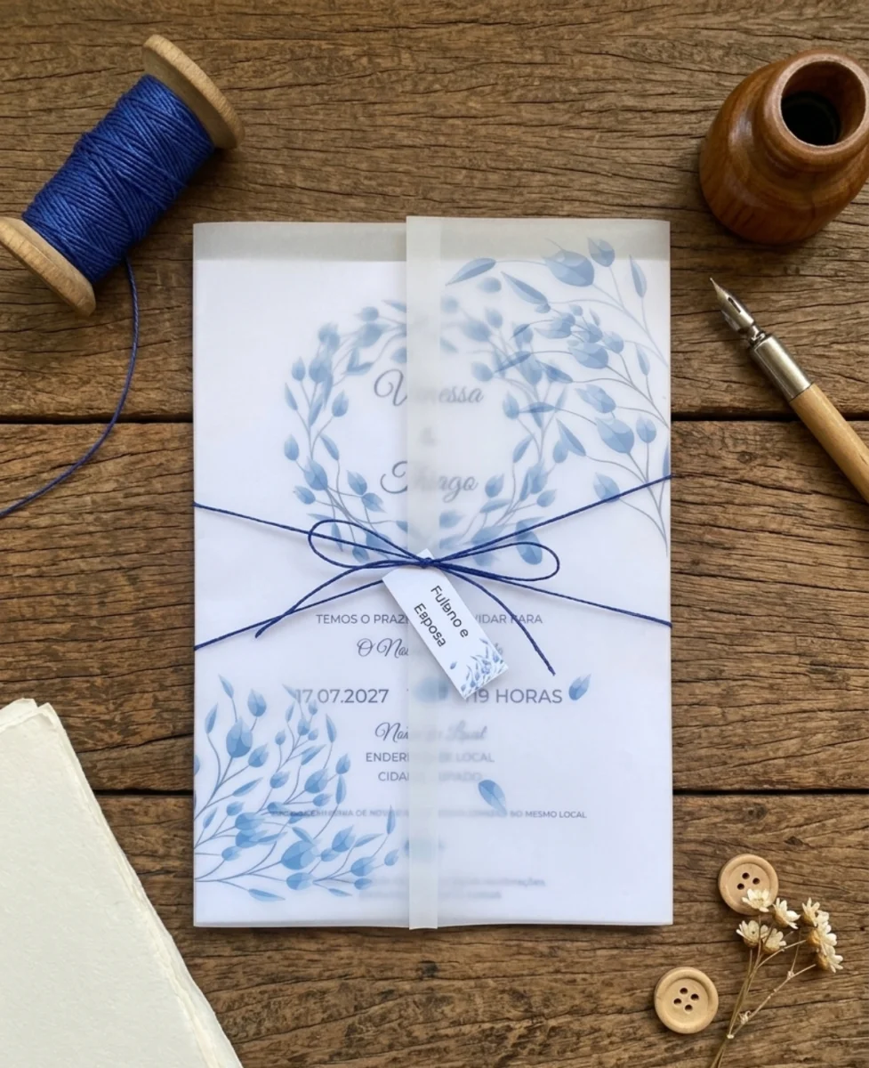 Convite de Casamento Papel Vegetal Floral Azul Acinzentado