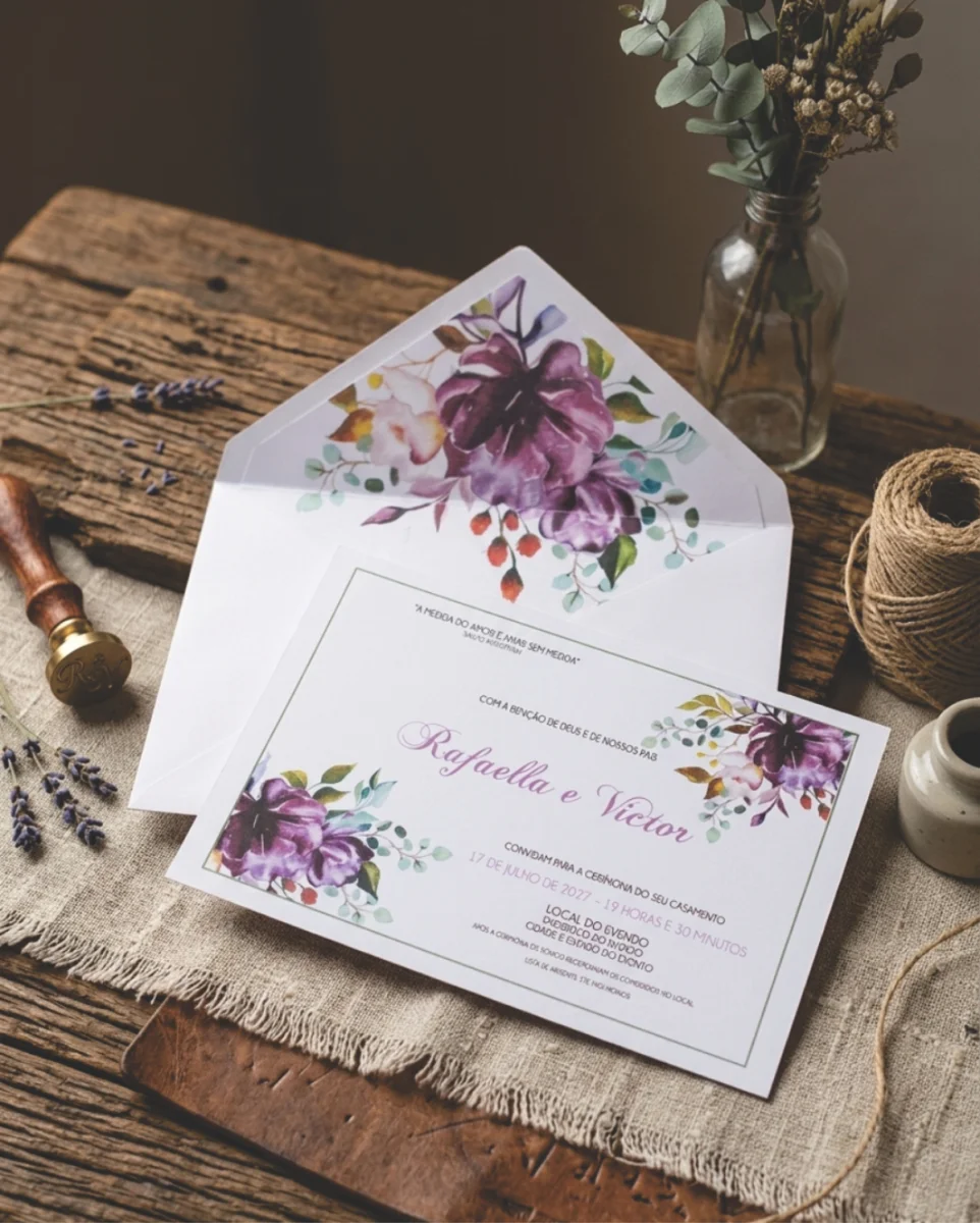 Convite de Casamento Floral Roxo e Violeta com Envelope Forrado