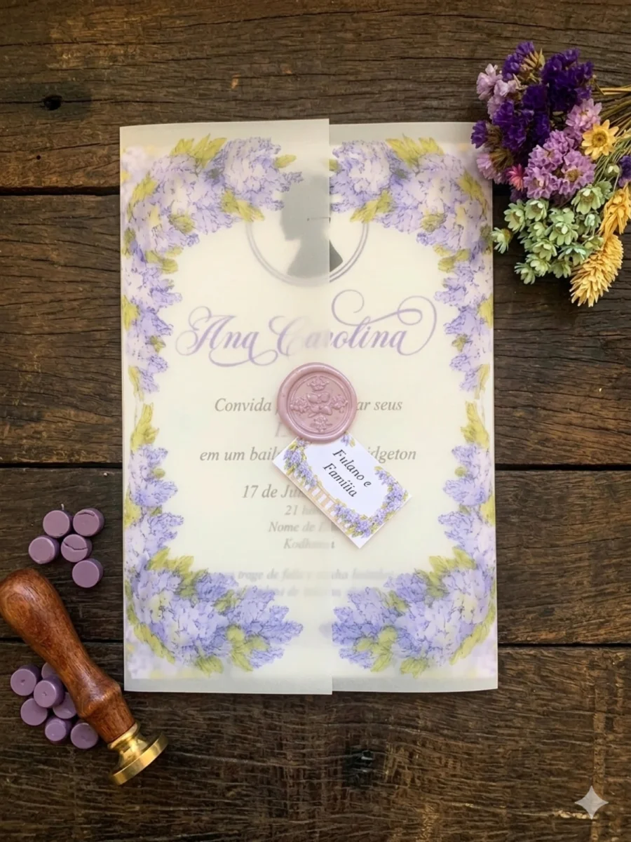 Convite 15 Anos Bridgerton Jornal Lady Whistledown com Lacre de Cera