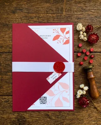 Convite de Casamento Floral Vermelho com Fita e Lacre de Cera
