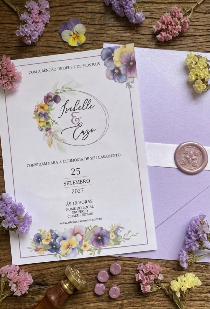 Convite de Casamento Lilás Floral Amor-Perfeito com Fita e Lacre de Cera - Imagem 2