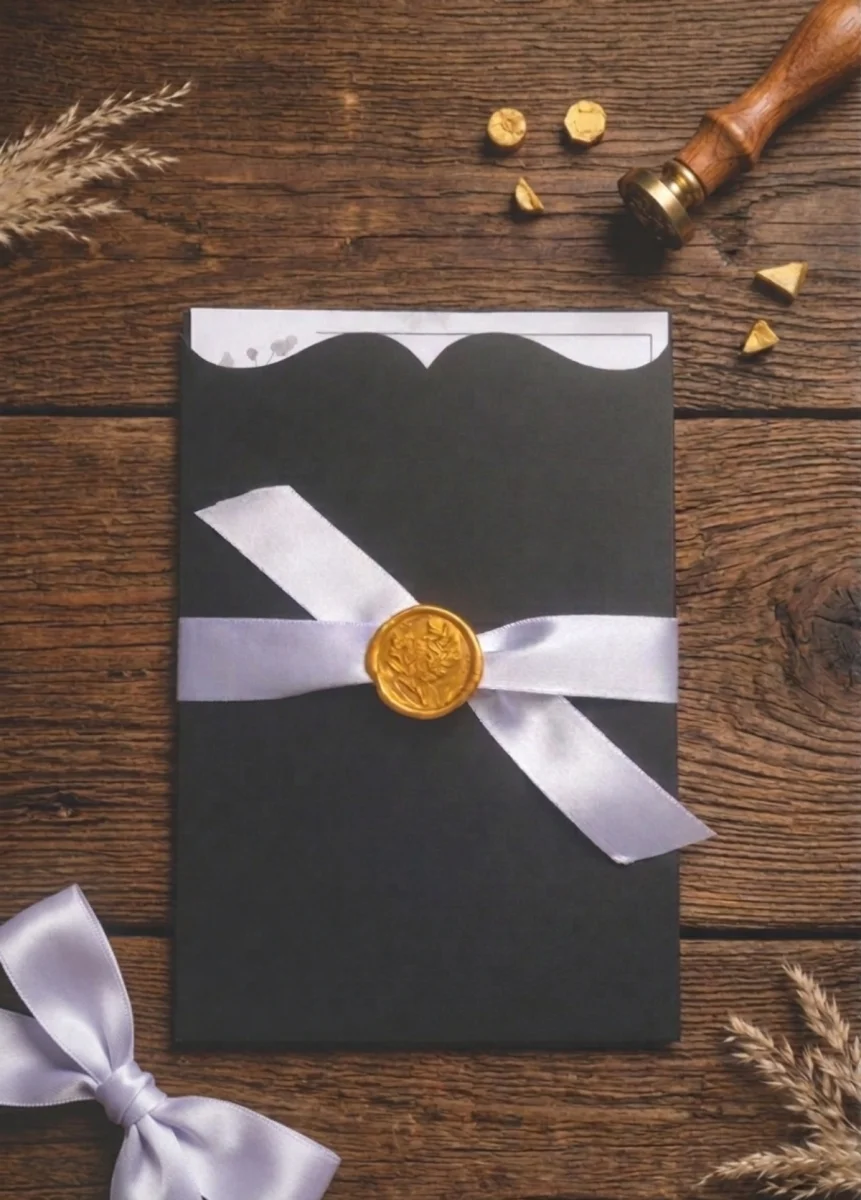 Convite de Casamento Moderno com Envelope Preto, Fita de Cetim e Lacre de Cera Dourado
