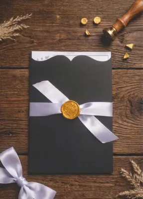 Convite de Casamento Moderno com Envelope Preto, Fita de Cetim e Lacre de Cera Dourado
