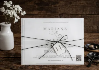 Convite de Casamento Minimalista Preto e Branco com Envelope Translúcido e Cordão
