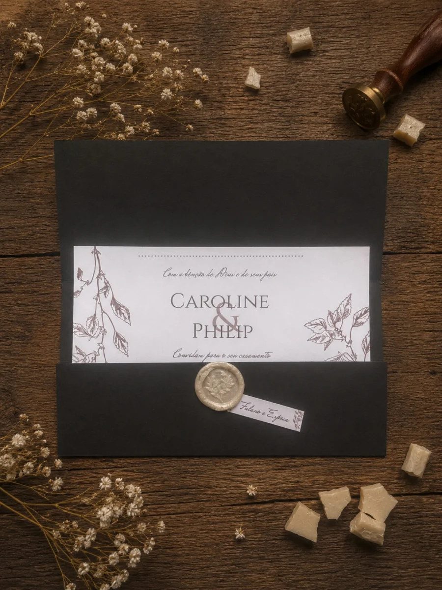 Convite de Casamento Floral Fine Art com Envelope Preto, Lacre de Cera e Tag - Imagem 3