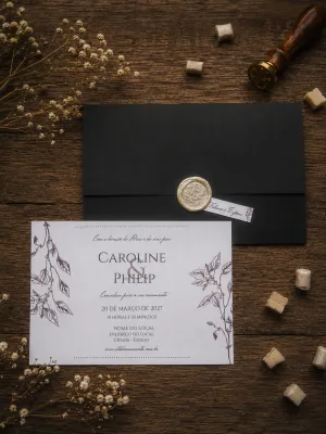 Convite de Casamento Floral Fine Art com Envelope Preto, Lacre de Cera e Tag