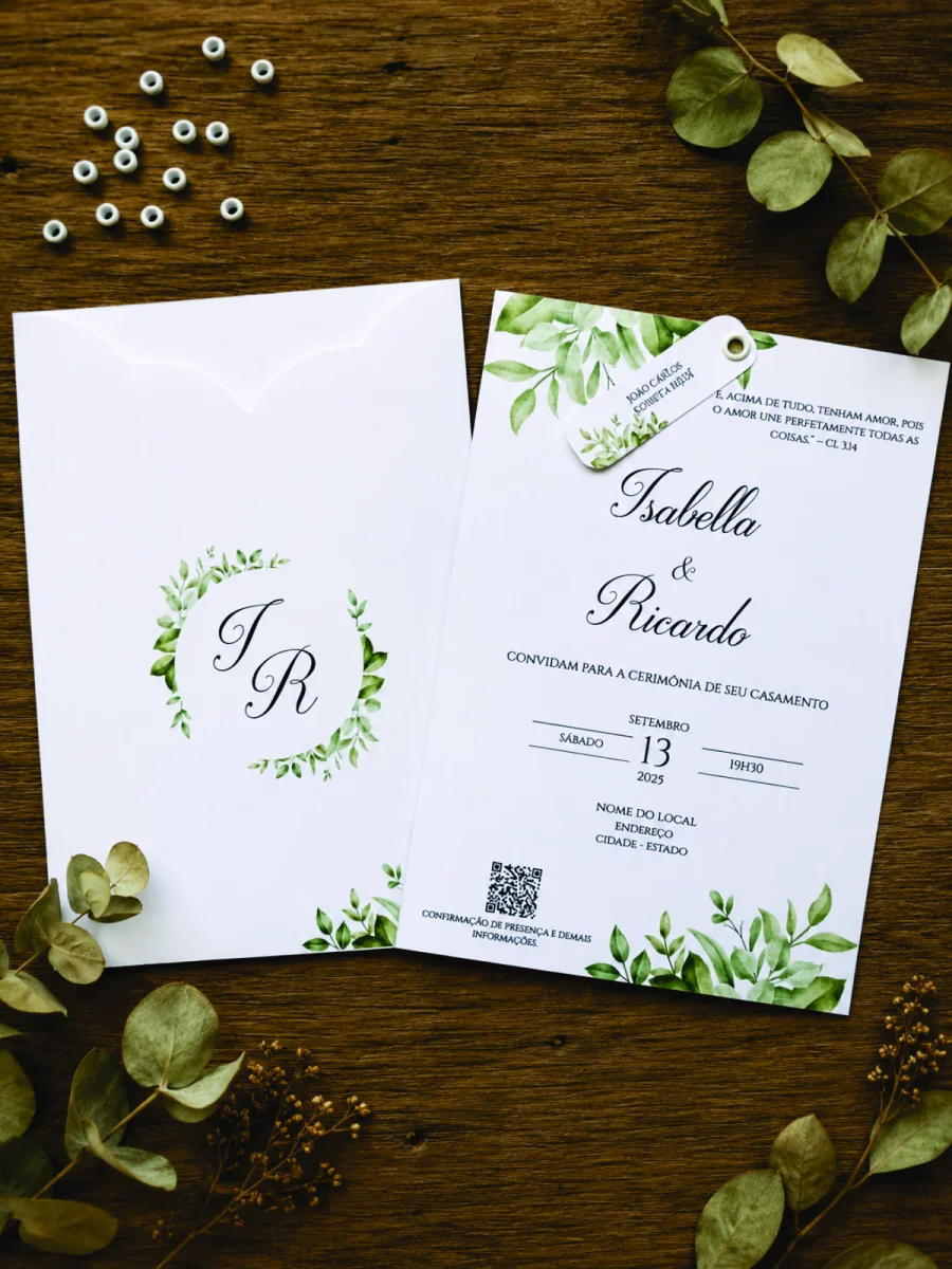 Convite de Casamento Verde Sage com Envelope Luva e Tag com Ilhós - Imagem 1