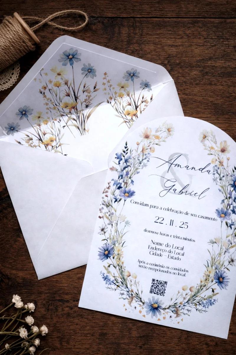 Convite de Casamento em Arco com Wildflowers Azuis com Envelope Forrado e Lacre de Cera