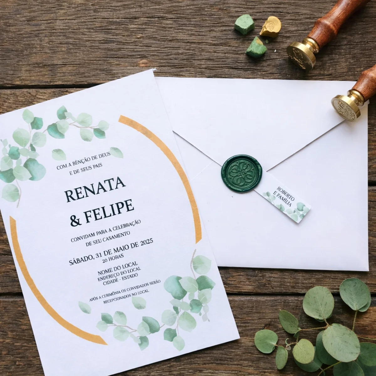 Convite de Casamento Eucalipto com Envelope Forrado e Lacre de Cera - Imagem 2