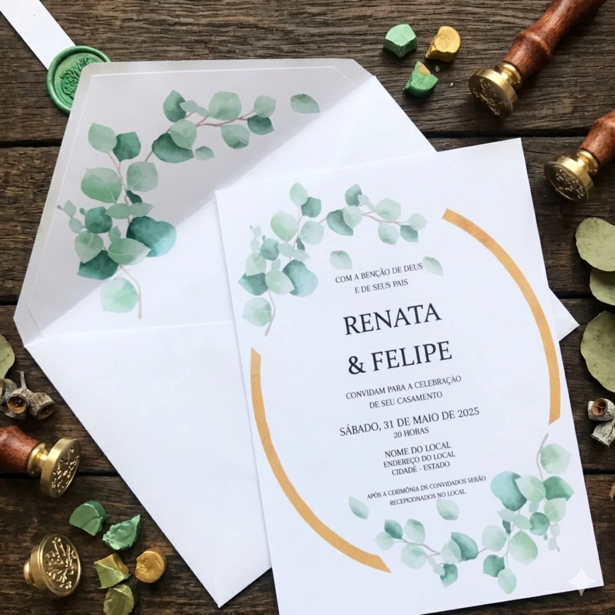 Convite de Casamento Eucalipto com Envelope Forrado e Lacre de Cera - Imagem 1